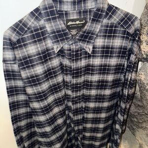 Eddie Bauer Men's Navy and Gray Plaid Shirt